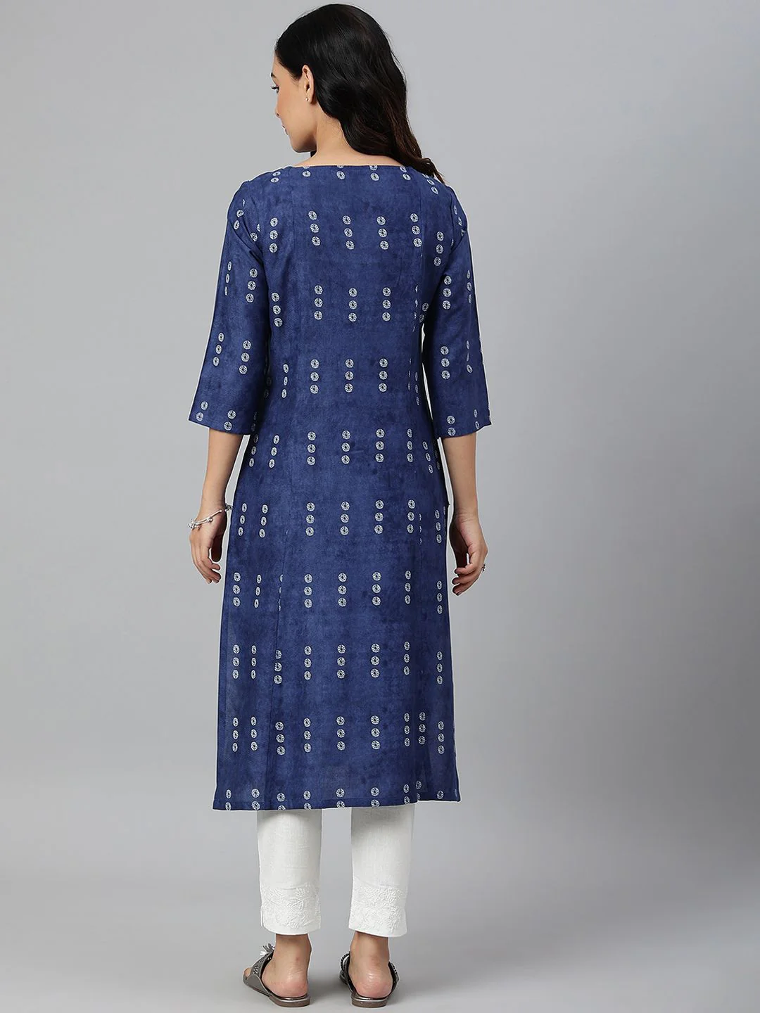 W Women Blue Ethnic Motifs Printed Flared Sleeves Handloom Kurta - Image 4