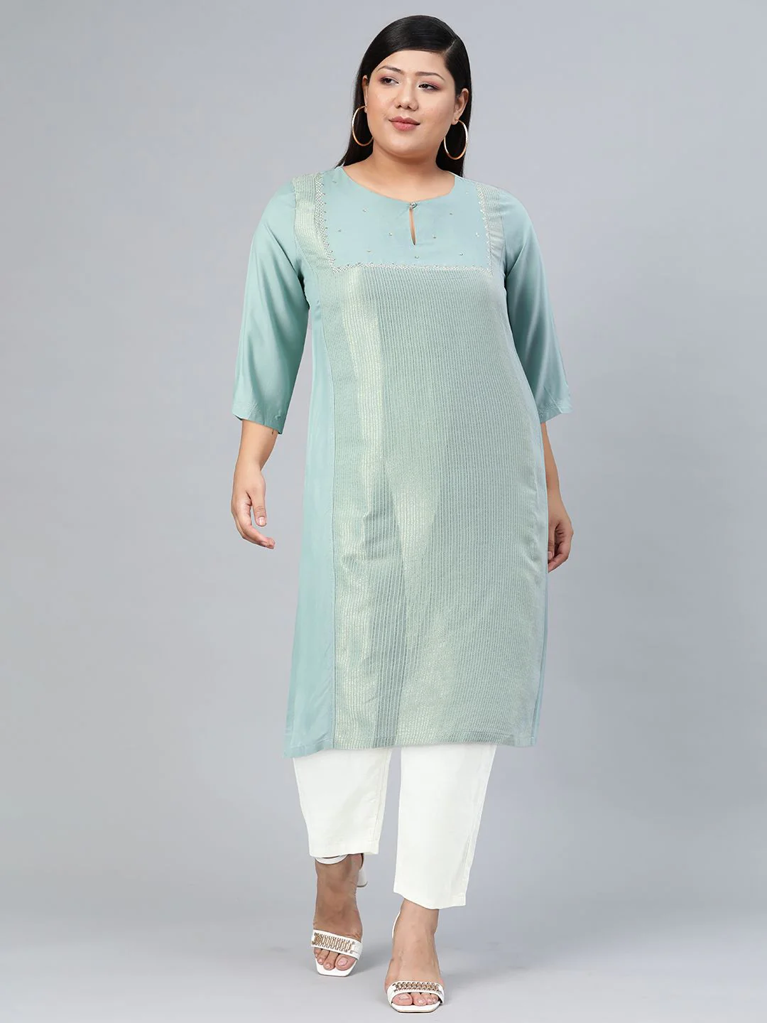 W Women Jacquard Kurta with Embroidered Yoke - Image 2