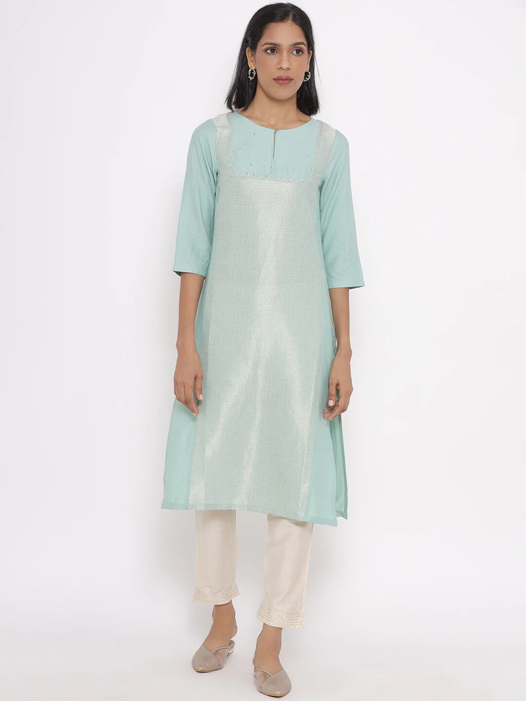 W Women Jacquard Kurta with Embroidered Yoke - Image 3