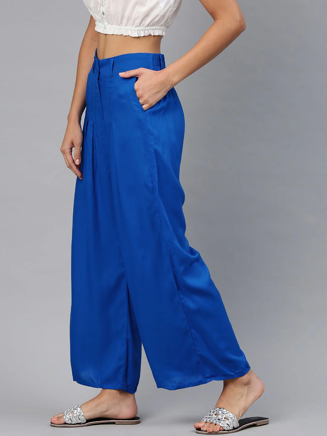 W Women Blue Solid Wide Leg Palazzos - Image 2