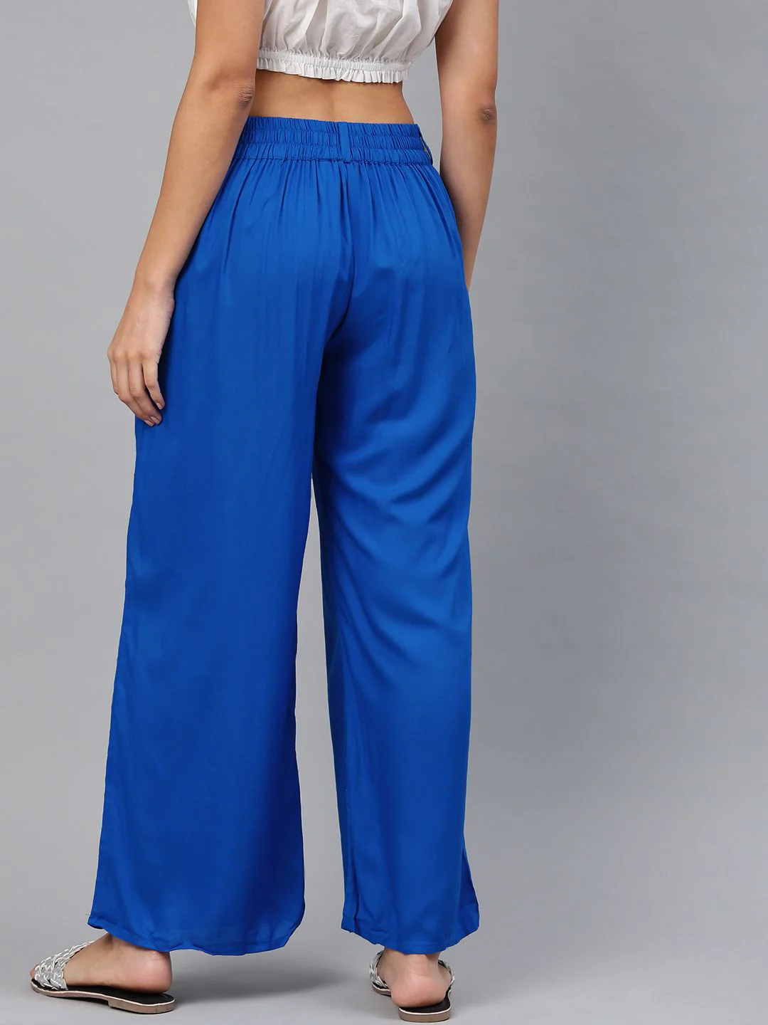 W Women Blue Solid Wide Leg Palazzos - Image 3