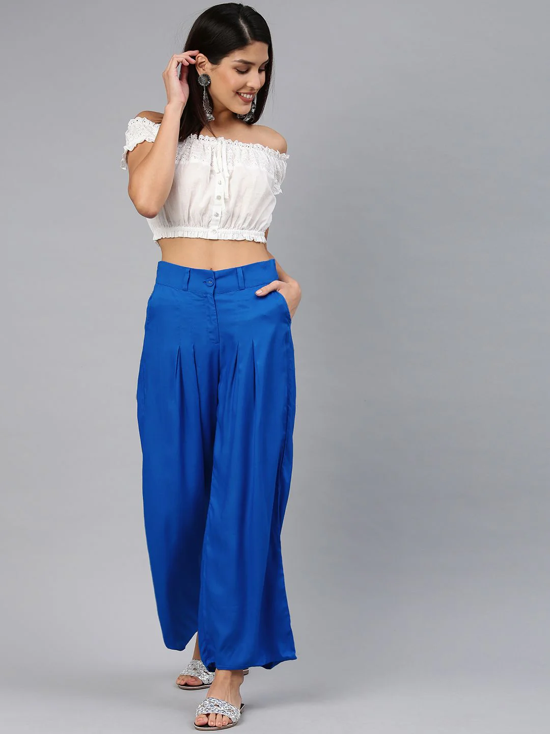 W Women Blue Solid Wide Leg Palazzos - Image 5