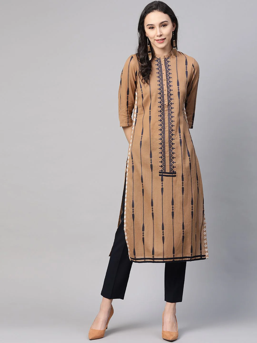 W Women Brown & Navy Blue Striped Straight Kurta