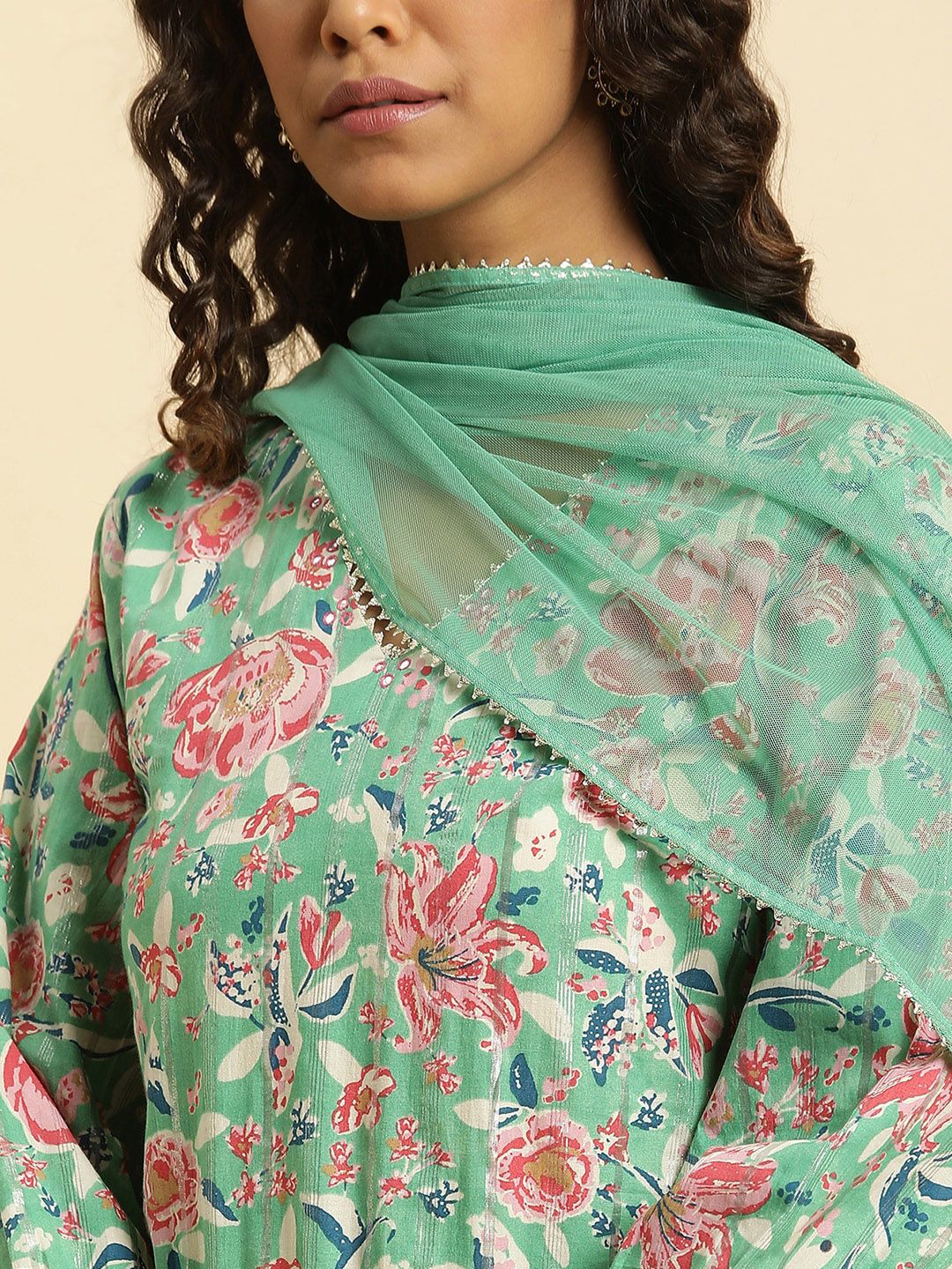W Women Cotton Kurti with Sharara & Dupatta - Image 2