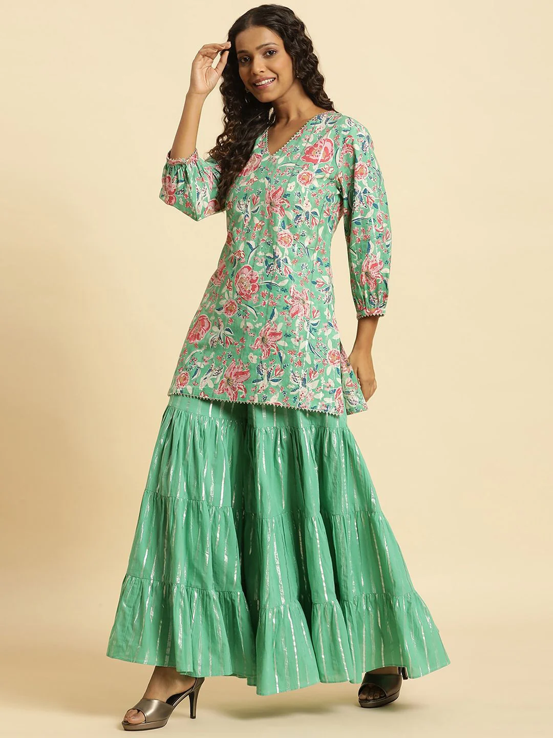 W Women Cotton Kurti with Sharara & Dupatta - Image 4
