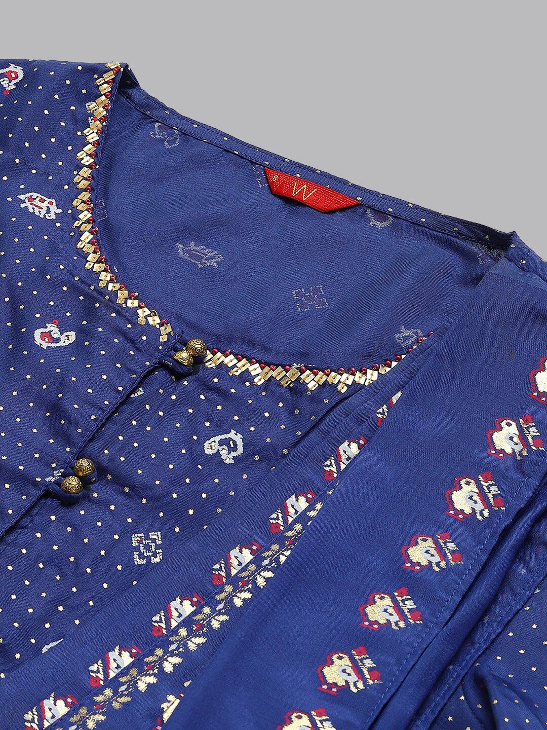 W Women Festive Floral Print Shantung Kurta With Tight - Image 2