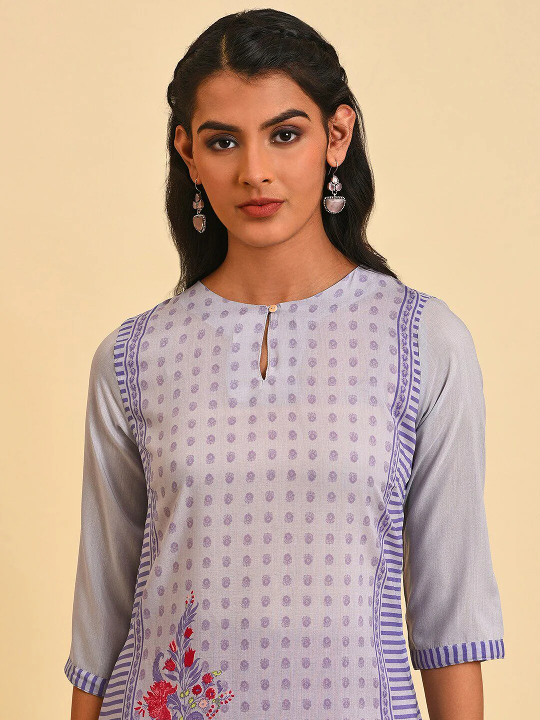 W Women Floral Print Silk Straight Kurta - Image 2