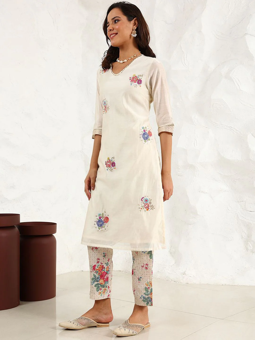 W Women Floral Printed Regular Thread Work Kurta with Trousers & With Dupatta - Image 5