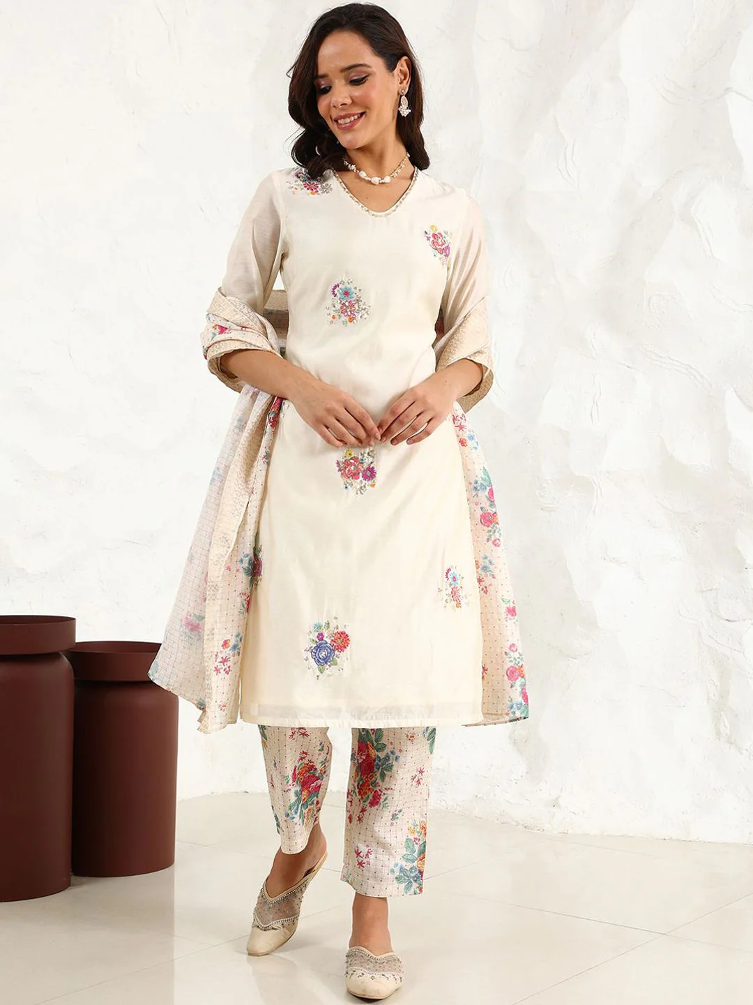 W Women Floral Printed Regular Thread Work Kurta with Trousers & With Dupatta - Image 6
