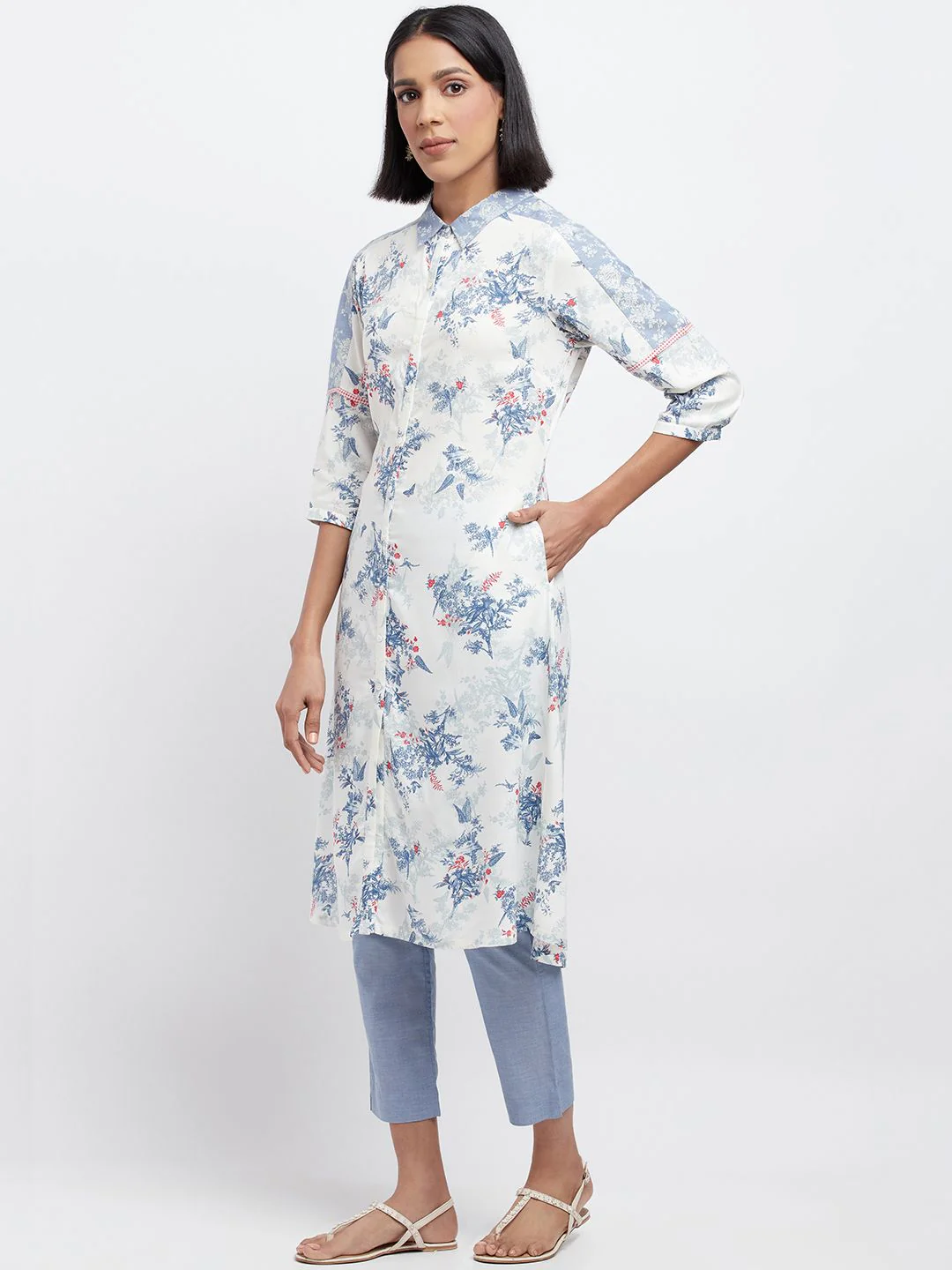 W Women Floral Printed Shirt Collar Kurta - Image 5