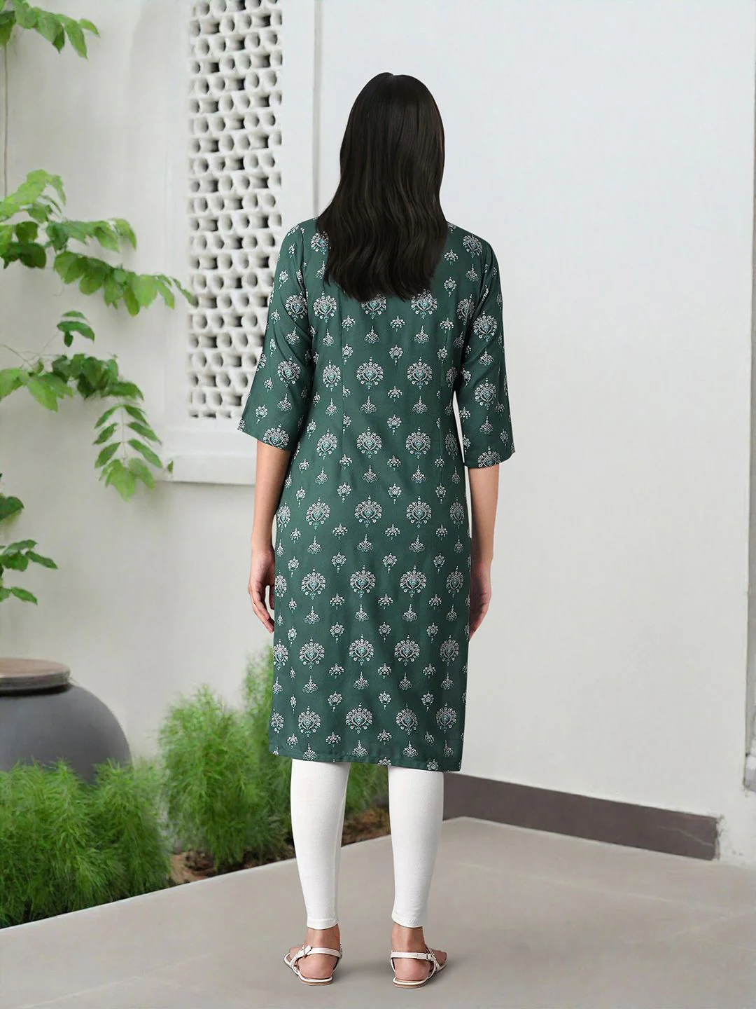 W Women Green & Off-White Printed A-Line Kurta - Image 5