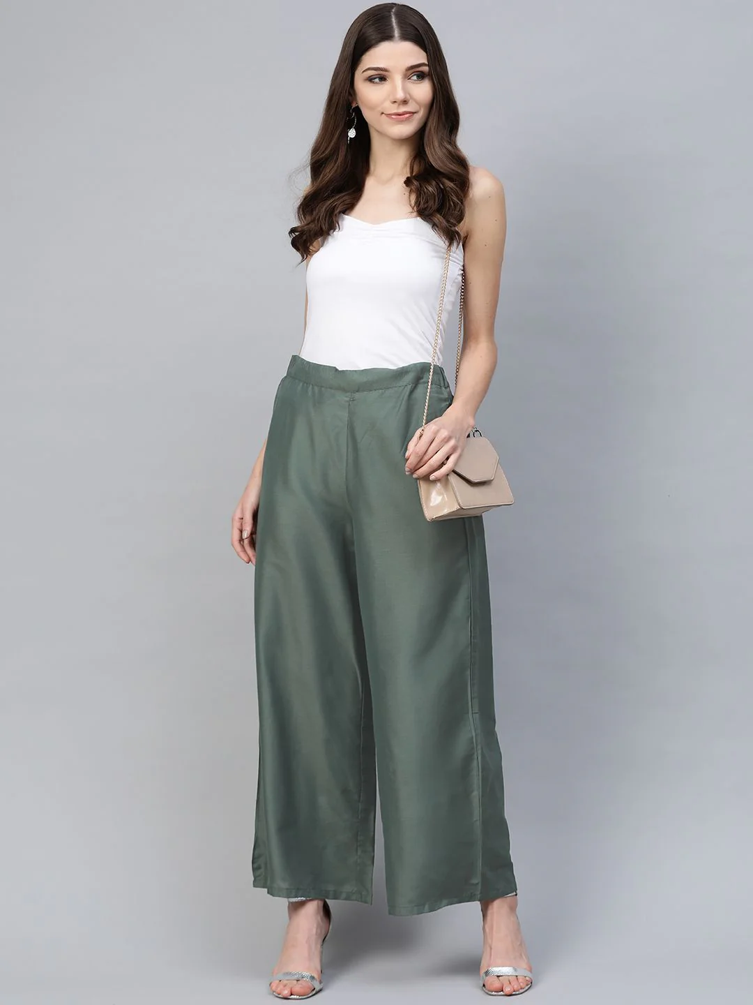 W Women Green Solid Straight Palazzos - Image 4