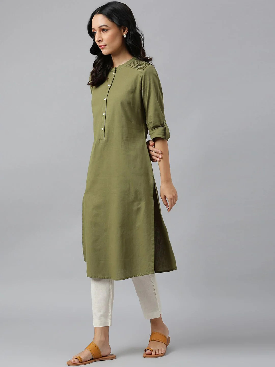W Women Green Straight Pathani Kurta