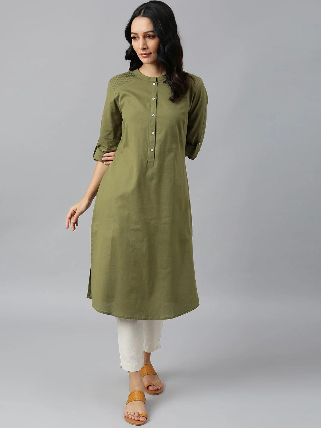 W Women Green Straight Pathani Kurta - Image 3