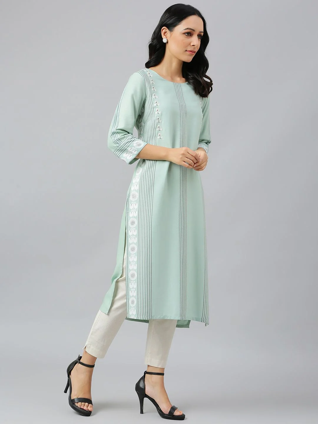 W Women Green Striped Thread Work Floral Viscose Rayon Kurta - Image 3
