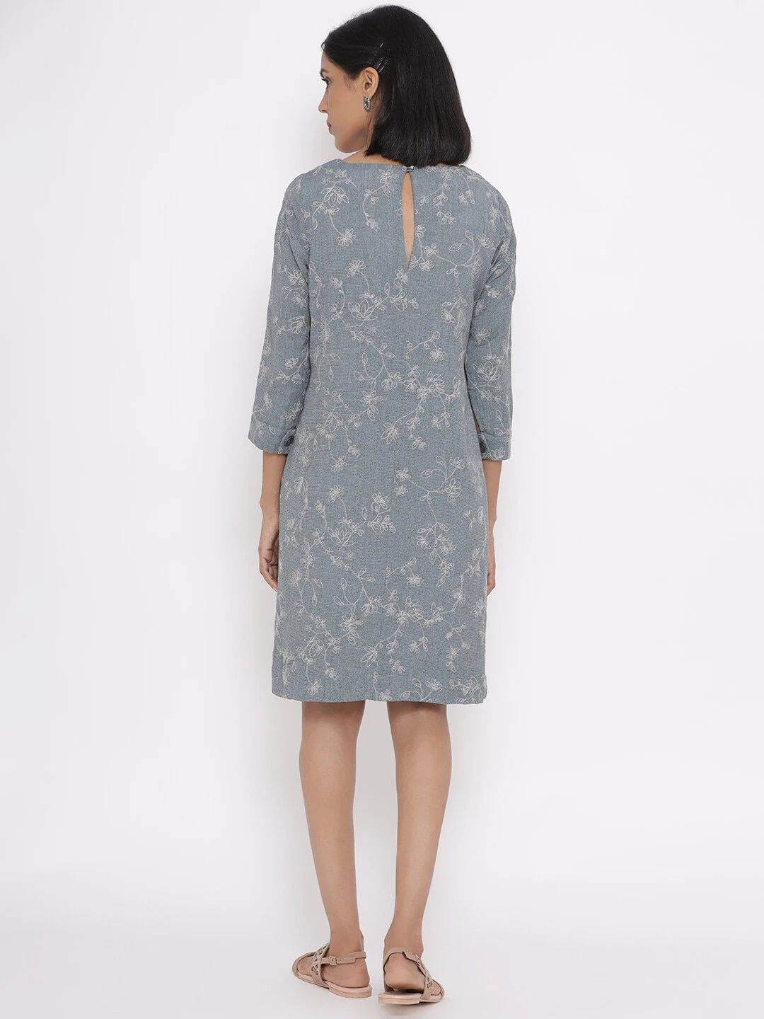 W Women Grey Floral Organic Cotton Floral A-Line Dress - Image 4