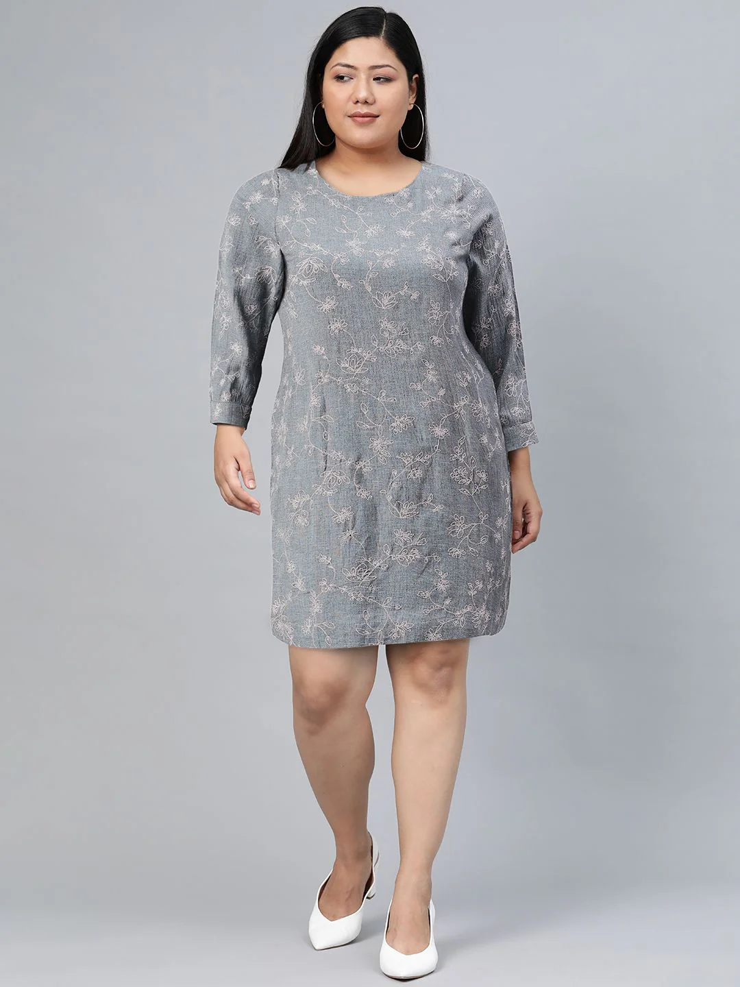 W Women Grey Floral Organic Cotton Floral A-Line Dress - Image 7
