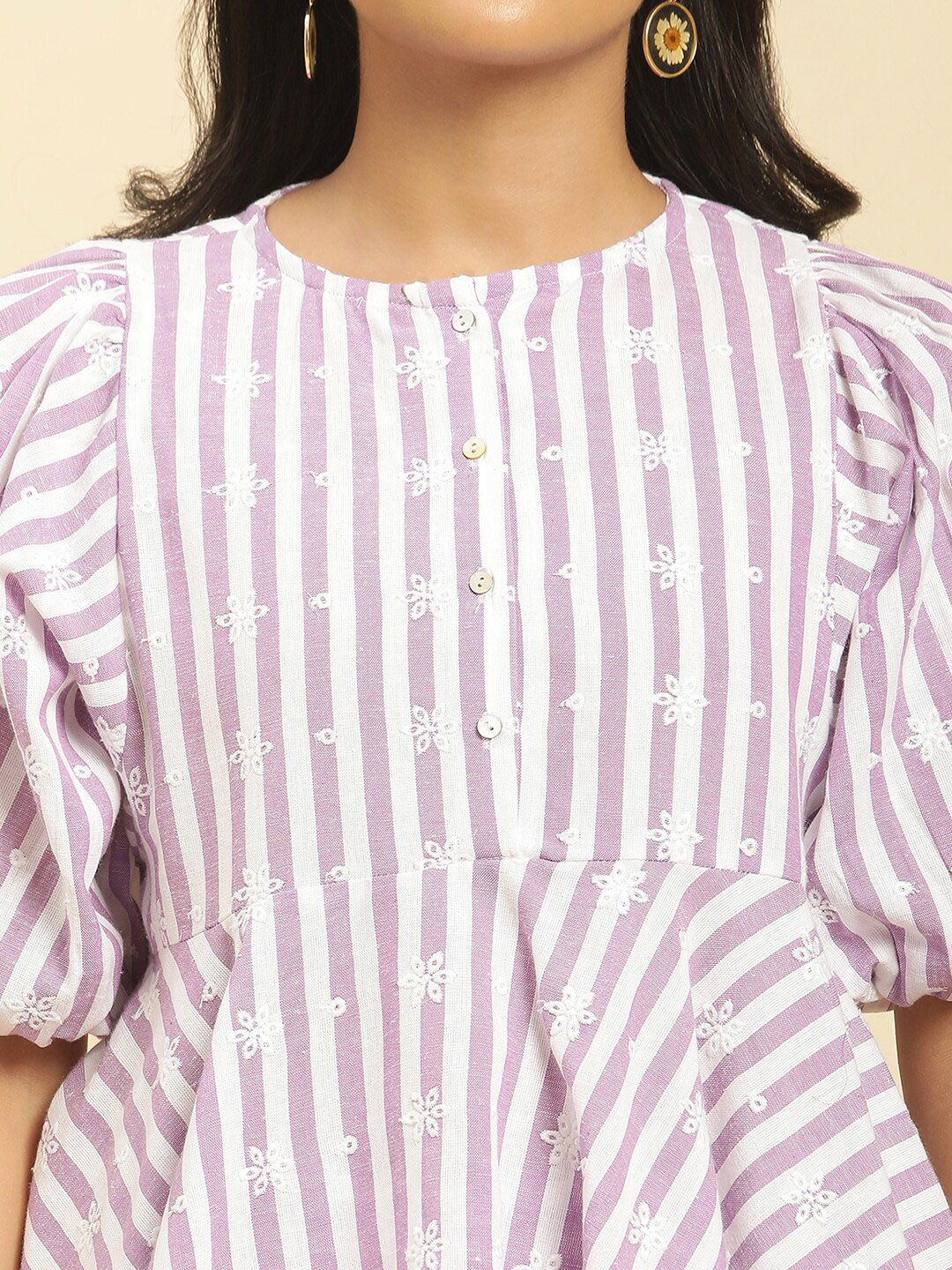 W Women Lavender & White Striped Embroidered Top with Trousers - Image 2