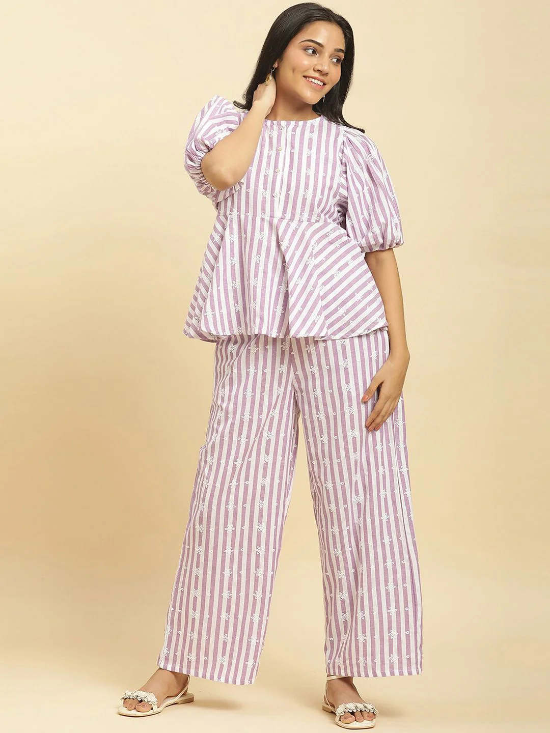 W Women Lavender & White Striped Embroidered Top with Trousers - Image 4