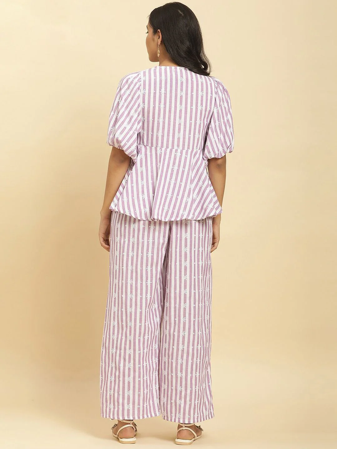 W Women Lavender & White Striped Embroidered Top with Trousers - Image 5