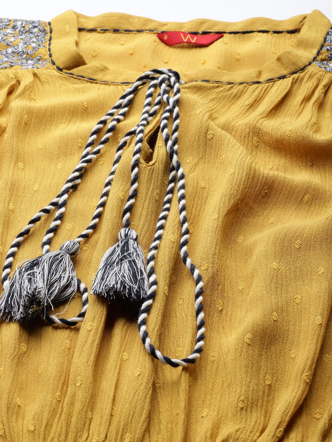 W Women Mustard Yellow Woven Design A-Line Kurta - Image 2