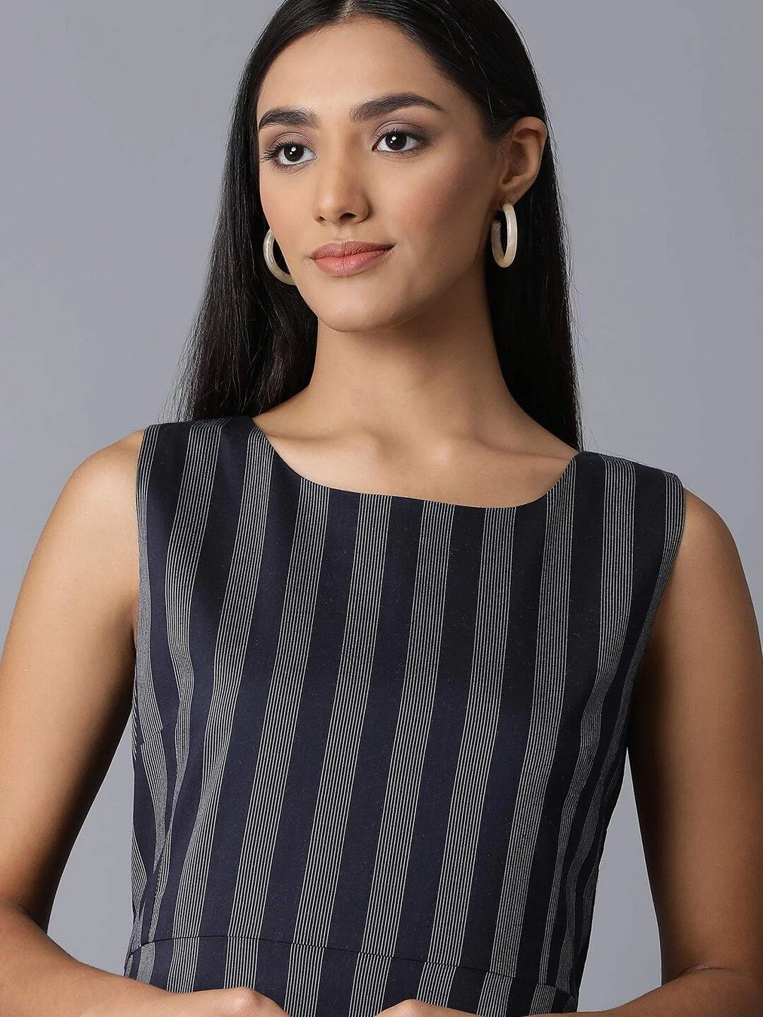 W Women Navy Blue Striped A-Line Dress - Image 2