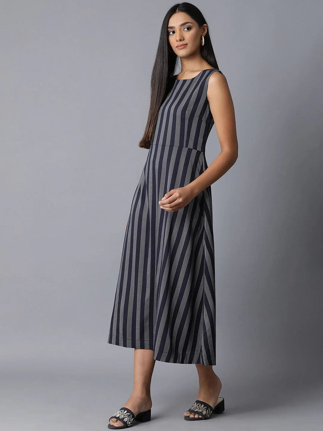 W Women Navy Blue Striped A-Line Dress - Image 4