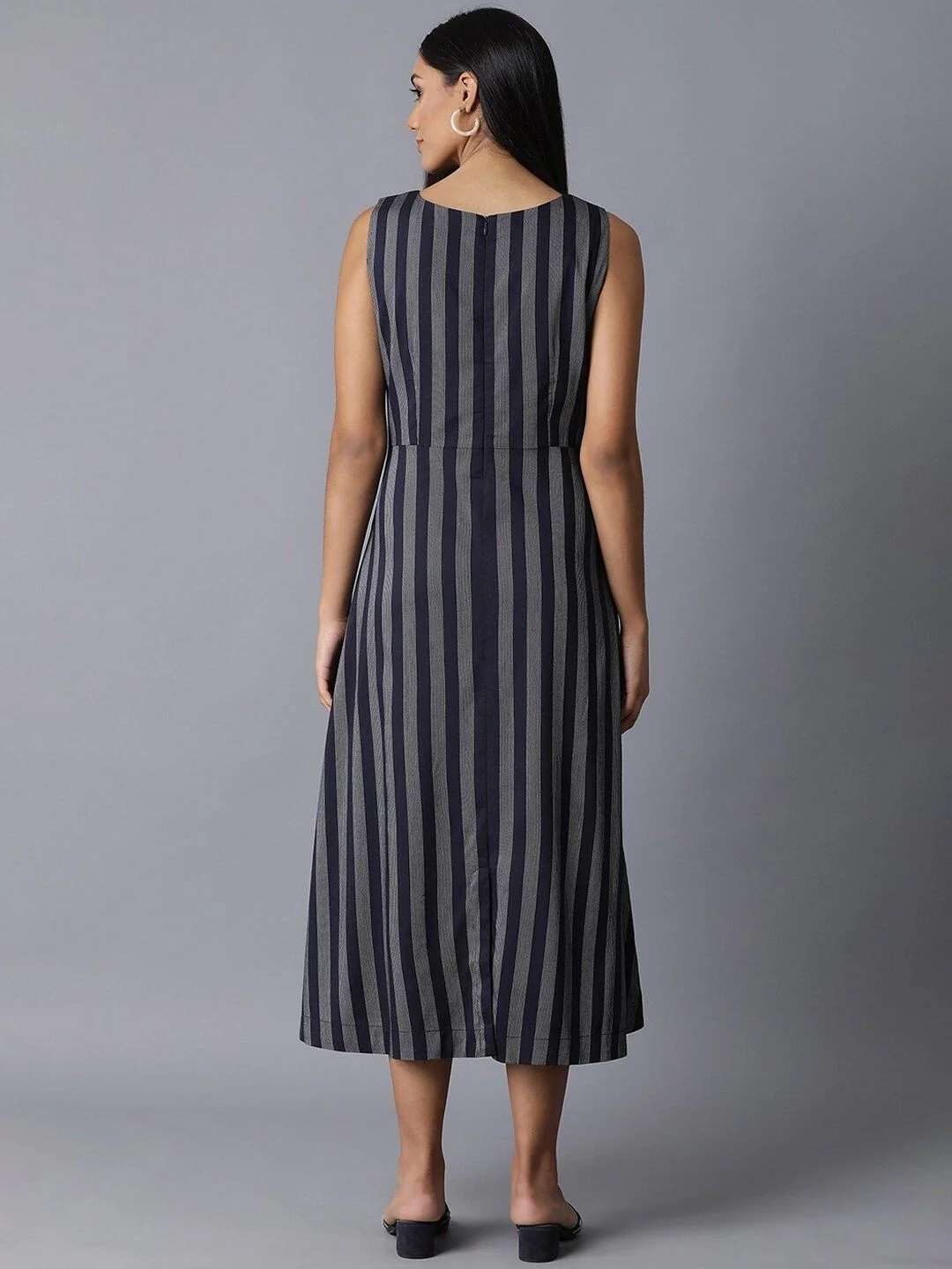 W Women Navy Blue Striped A-Line Dress - Image 5