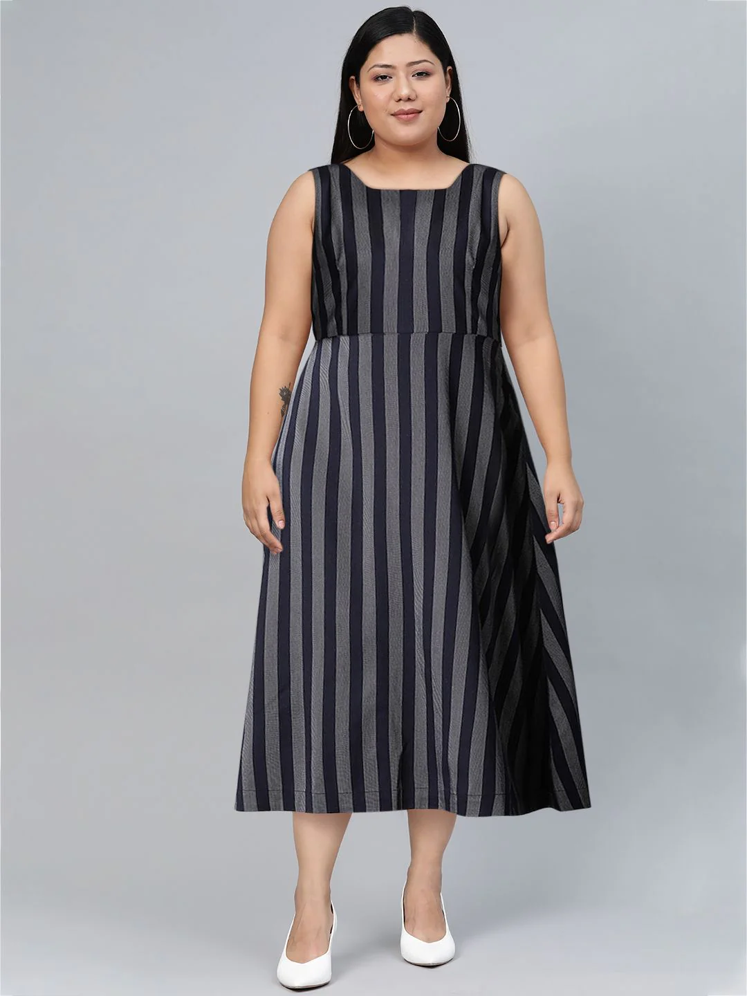 W Women Navy Blue Striped A-Line Dress - Image 6