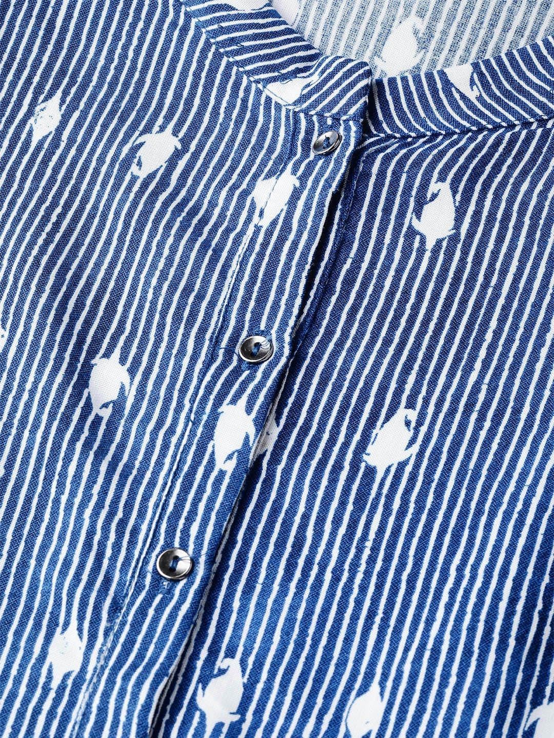 W Women Navy Blue & White Striped Straight Sustainable Kurta - Image 2