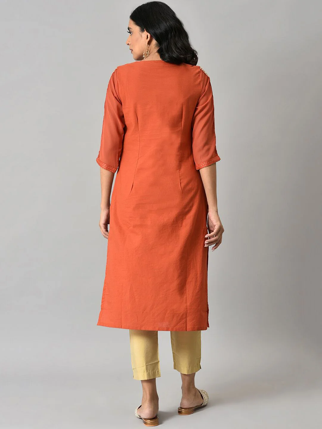 W Women Orange Ethnic Motifs Woven Design With Zari Work Kurta - Image 4