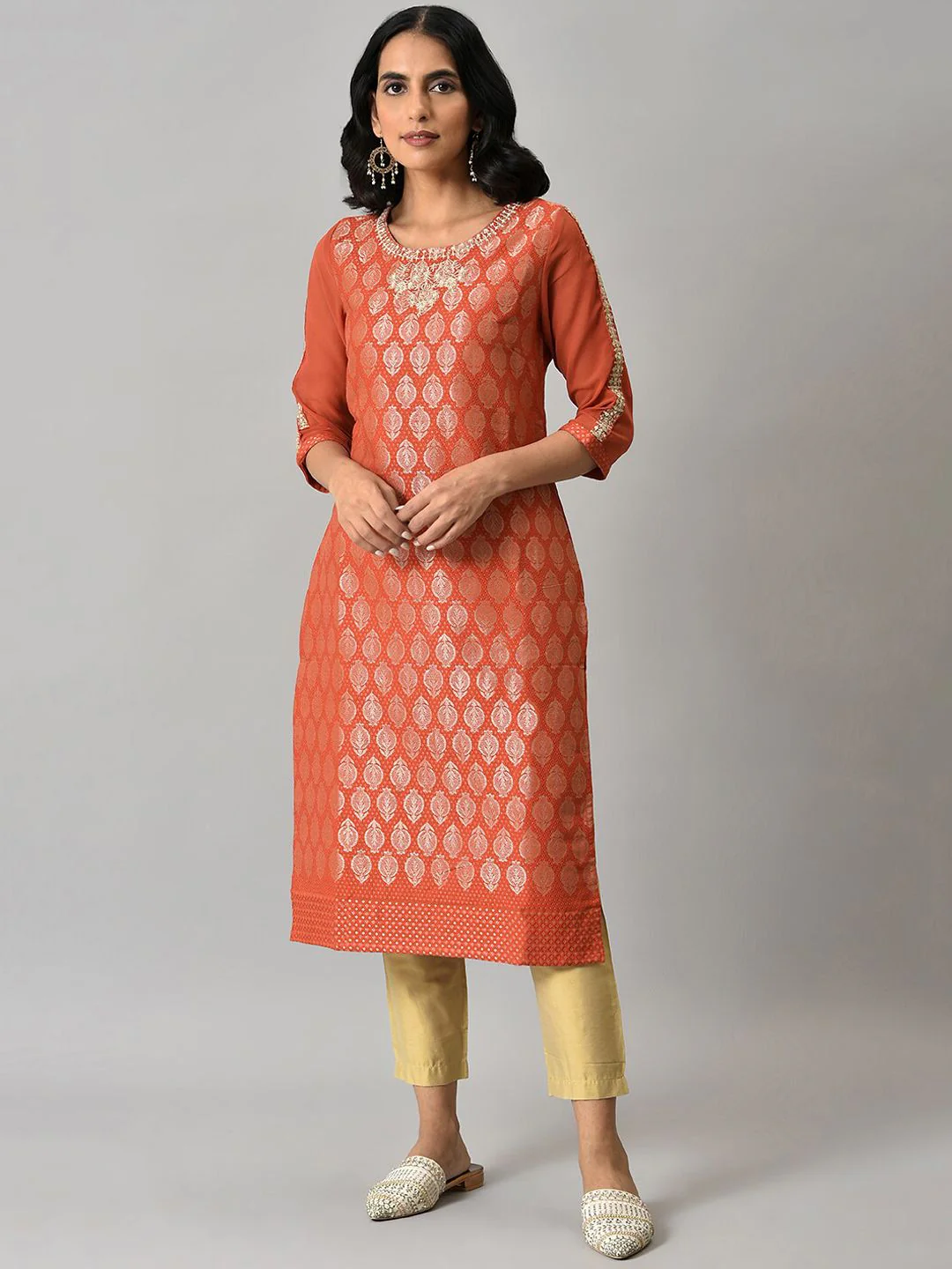 W Women Orange Ethnic Motifs Woven Design With Zari Work Kurta - Image 6