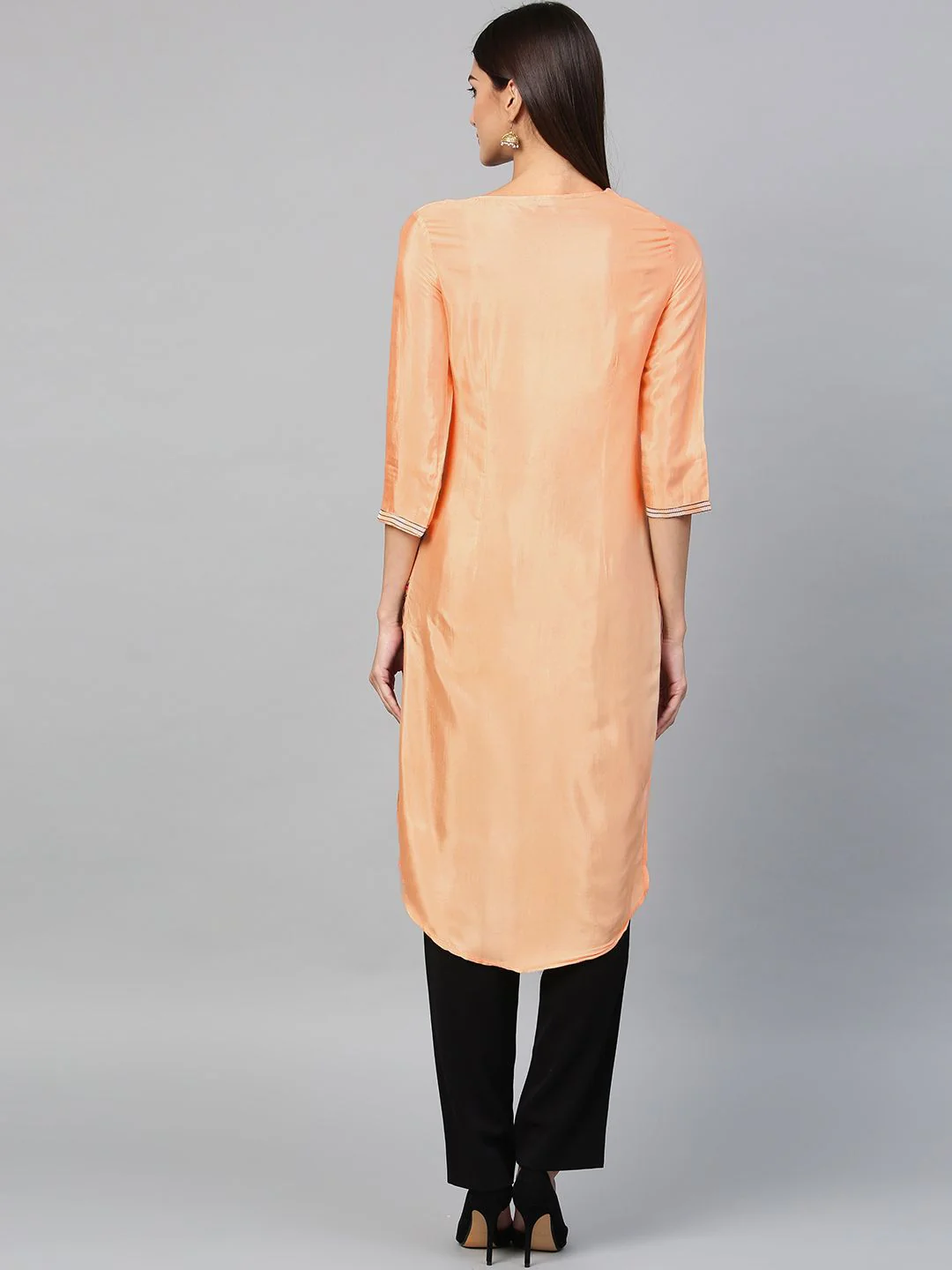 W Women Peach-Coloured Floral Print Straight Kurta - Image 4