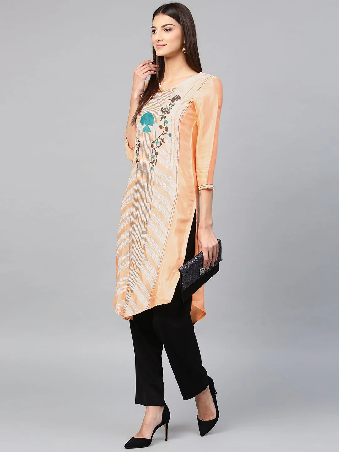W Women Peach-Coloured Floral Print Straight Kurta - Image 6
