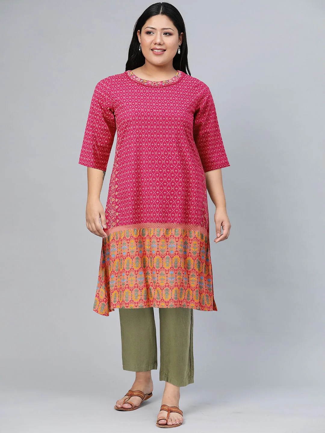 W Women Pink Ethnic Motifs Printed A-Line Kurta - Image 2