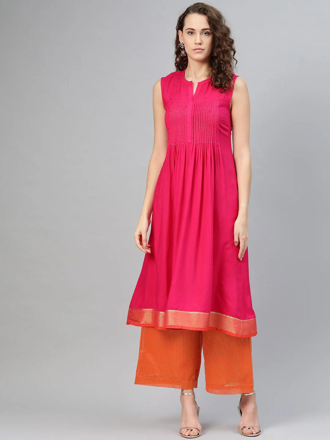 W Women Pink & Orange Printed Layered Straight Kurta with Trousers - Image 4