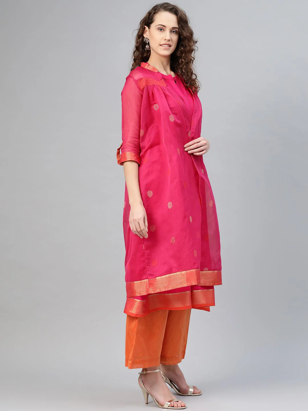 W Women Pink & Orange Printed Layered Straight Kurta with Trousers - Image 6