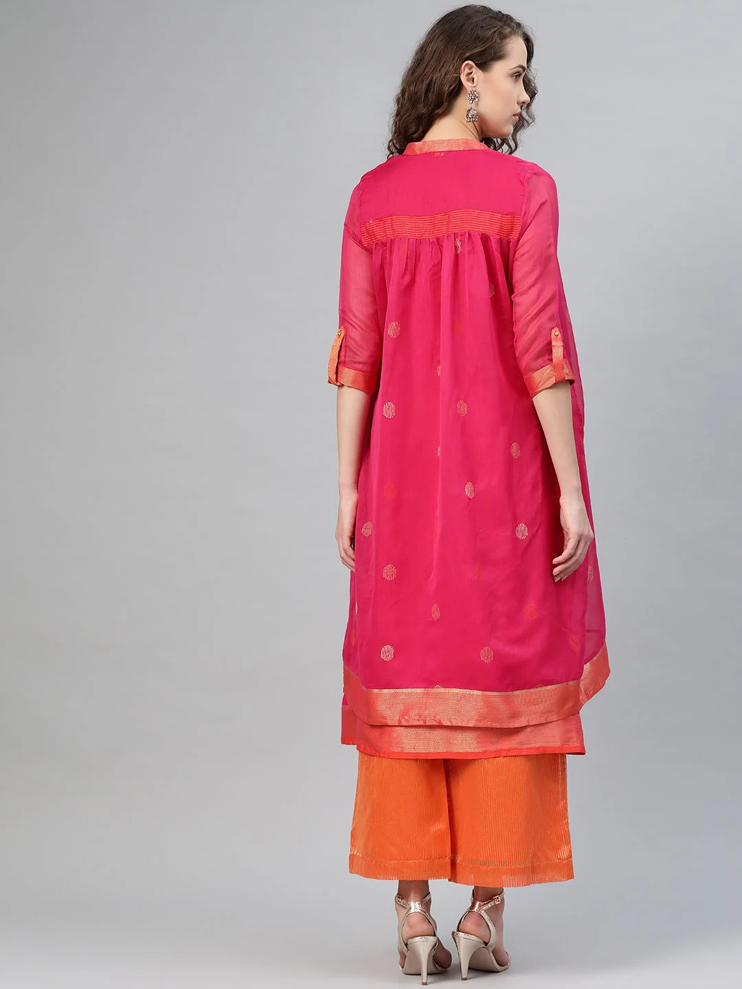 W Women Pink & Orange Printed Layered Straight Kurta with Trousers - Image 7