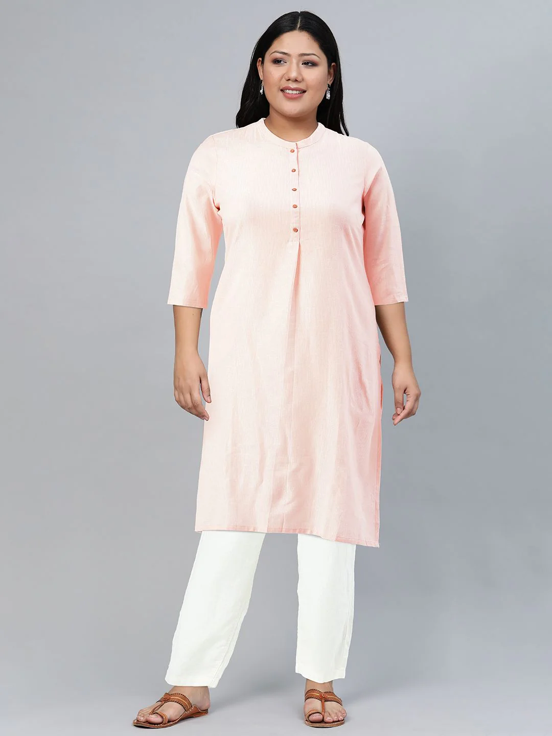 W Women Pink & Silver Striped Straight Kurta - Image 6