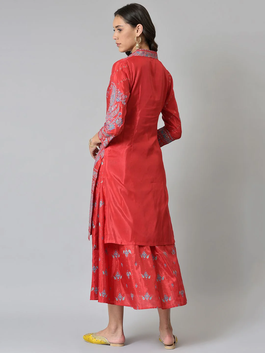 W Women Red & Blue Printed Layered Ethnic Midi Dress - Image 3