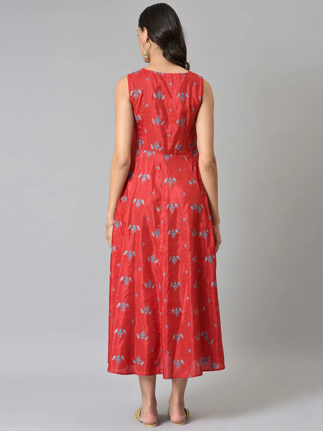 W Women Red & Blue Printed Layered Ethnic Midi Dress - Image 4