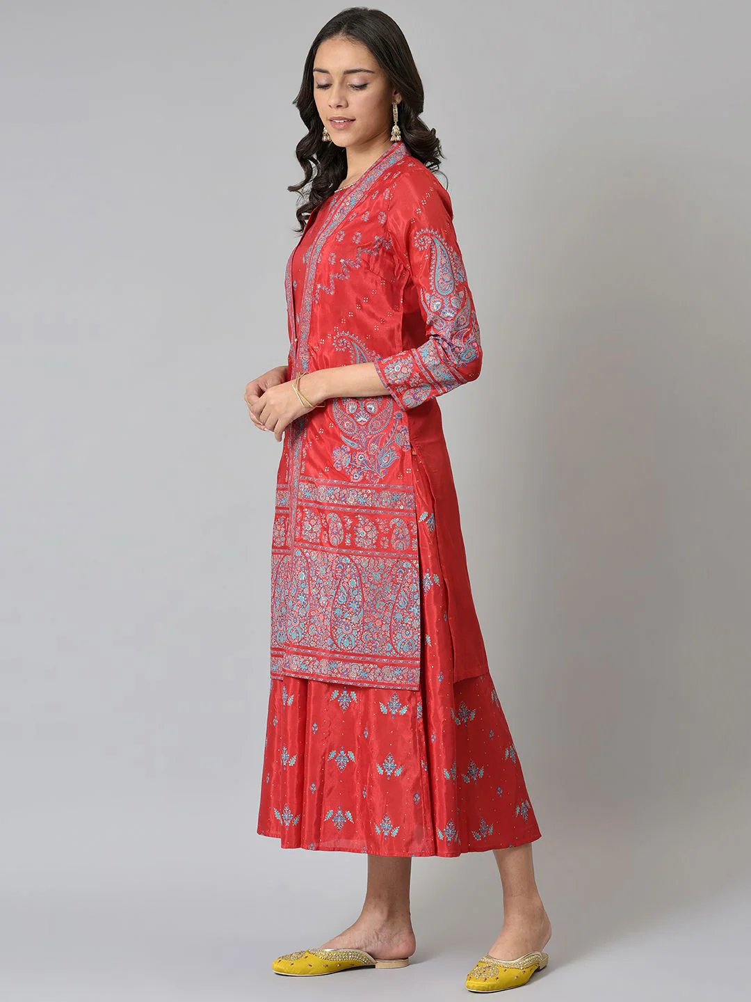 W Women Red & Blue Printed Layered Ethnic Midi Dress - Image 7