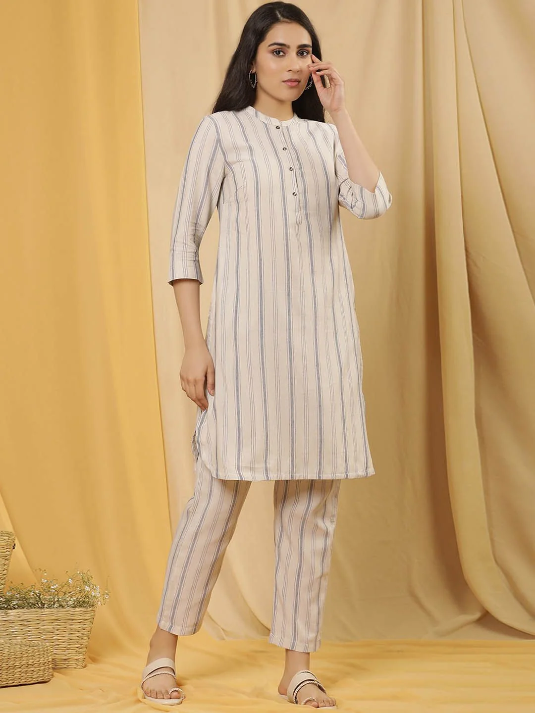 W Women Striped Straight Kurta with Trousers - Image 2