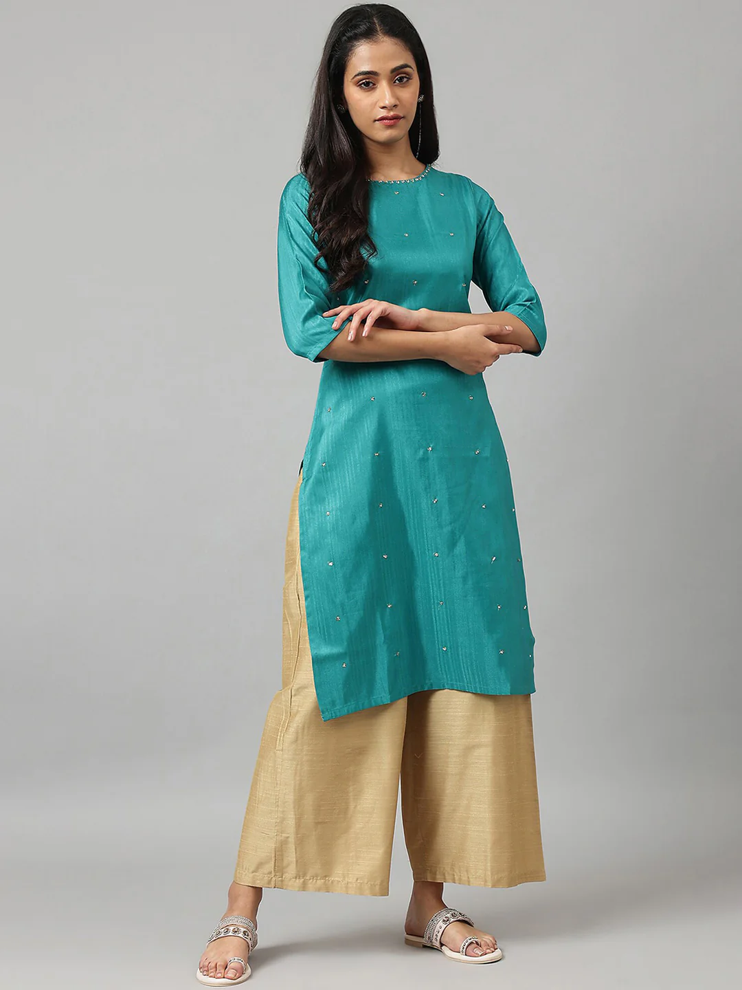 W Women Teal Thread Work Indie Prints Kurta