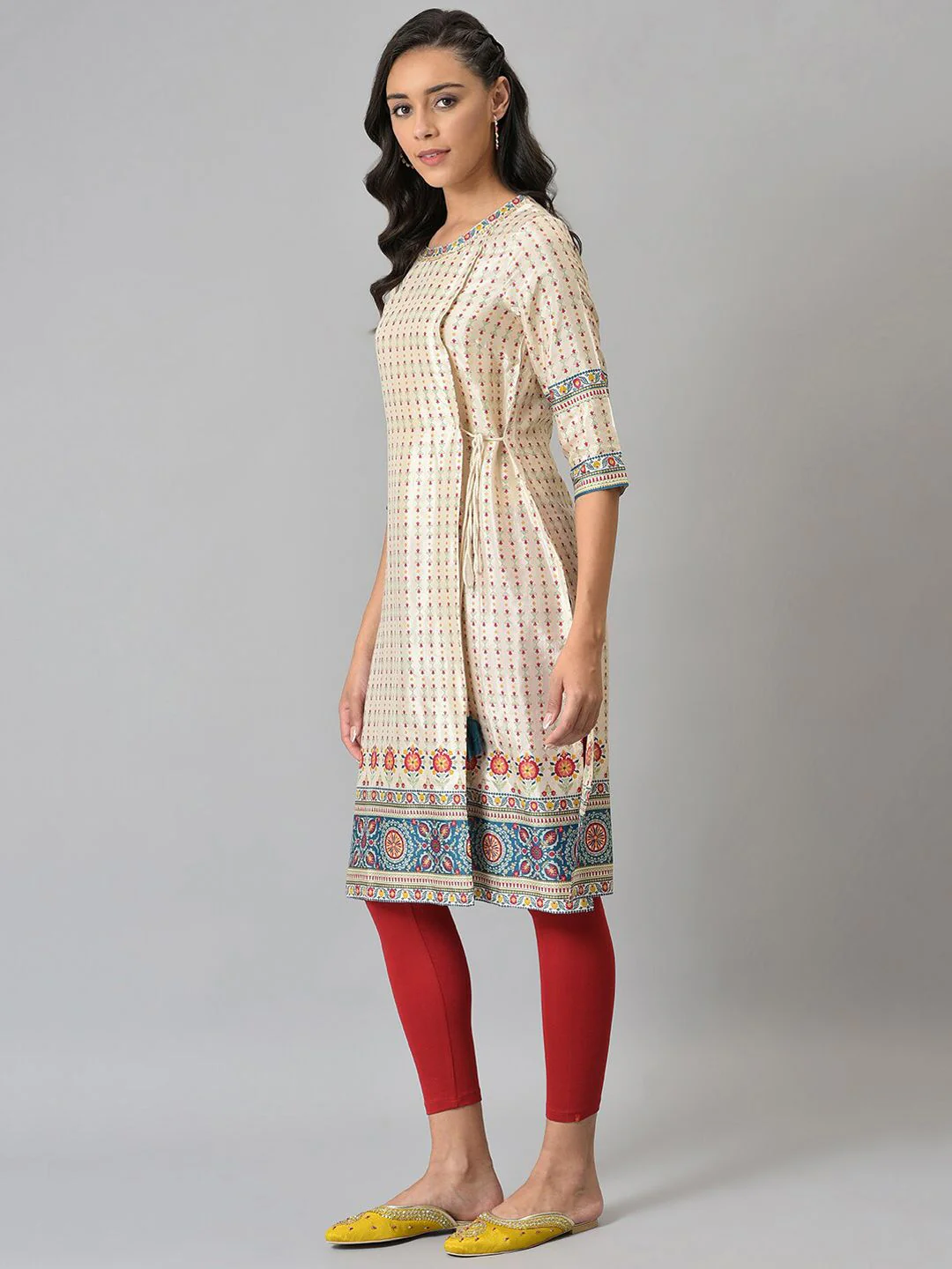 W Women White Geometric Striped Handloom Kurta