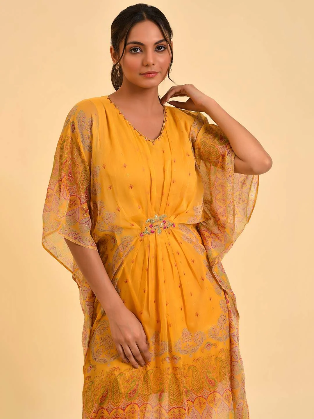 W Women Yellow Ethnic Motifs Printed Embellished Kaftan Kurta With Leggings - Image 2