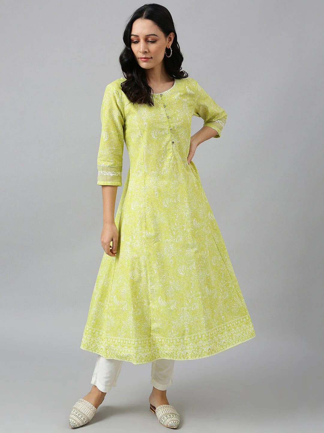 W Women Yellow Floral Printed Anarkali Kurta - Image 6