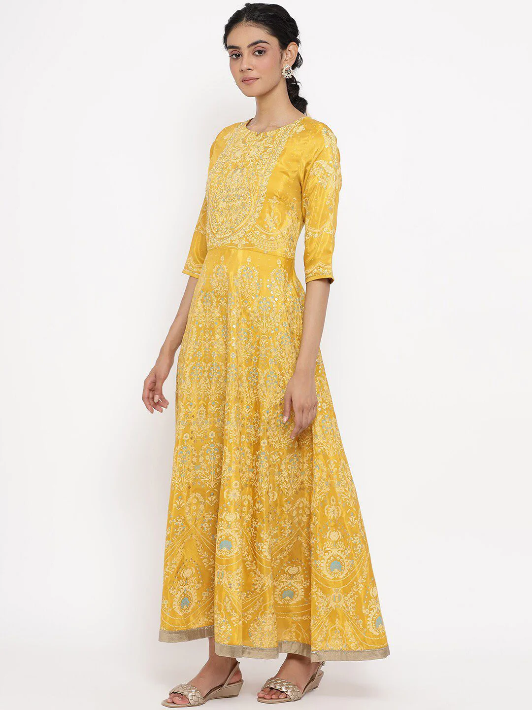 W Women Yellow Floral Printed Keyhole Neck Maxi Dress - Image 5