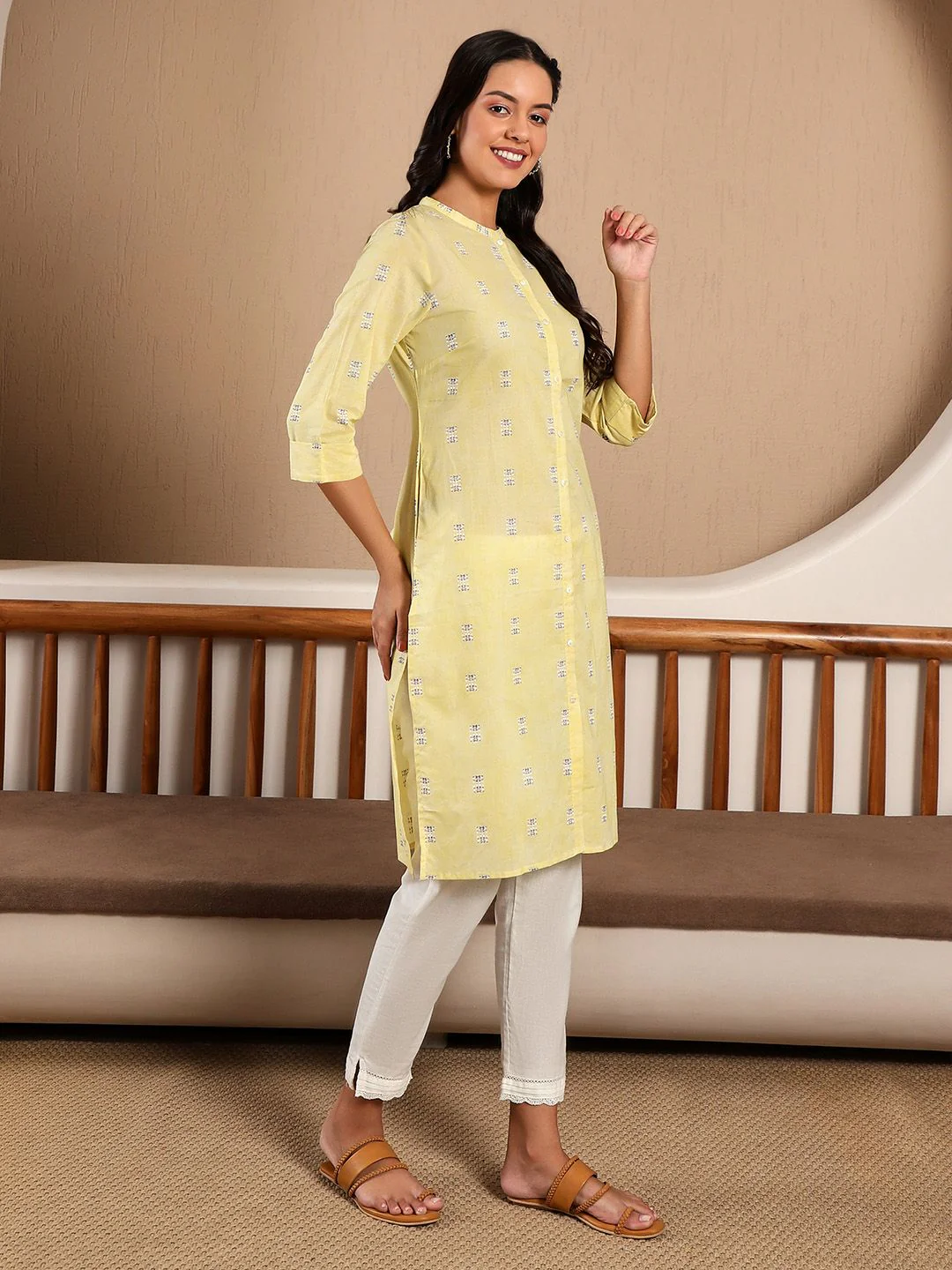 W Women Yellow Geometric Printed Cotton Kurta - Image 3