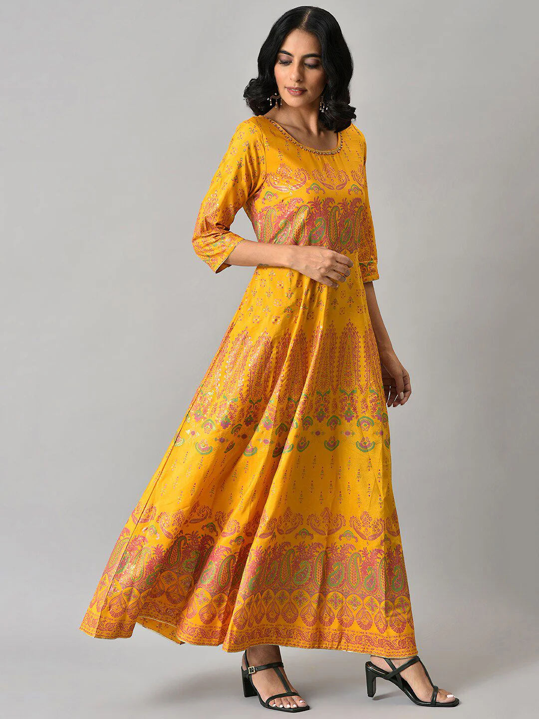 W Women Yellow & Pink Printed Polyester Ethnic Maxi Dress - Image 3